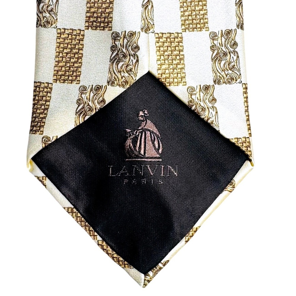 Lanvin Paris Mens Silk Tie Gold Cream Board Scroll Geometric Made France LUXURY